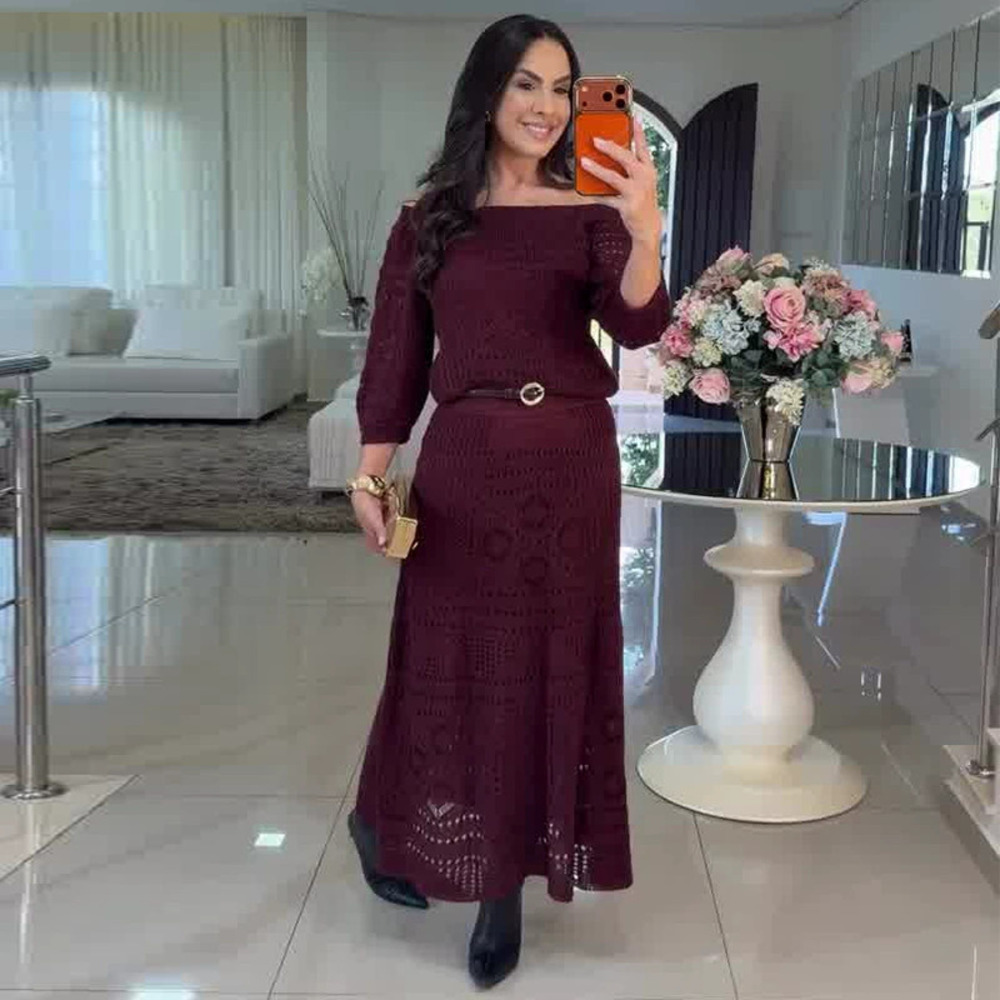 Forever 21 Off-Shoulder Deep Red Hollow Knit Dress Set